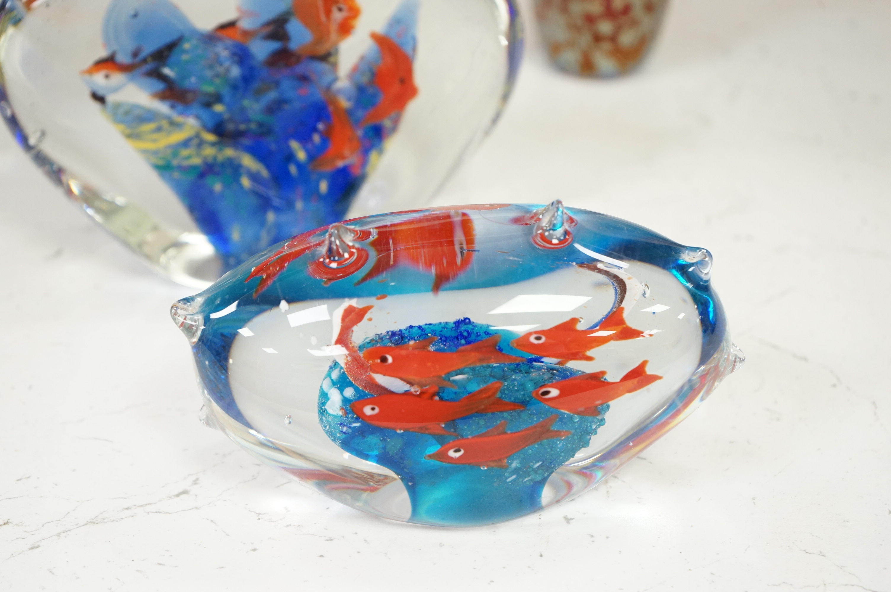 A collection of studio glass, including two glass aquarium ornaments, a pair of Langham dolphins, a Scandinavian fish vase and a smaller vase, largest 34cm high (6)
